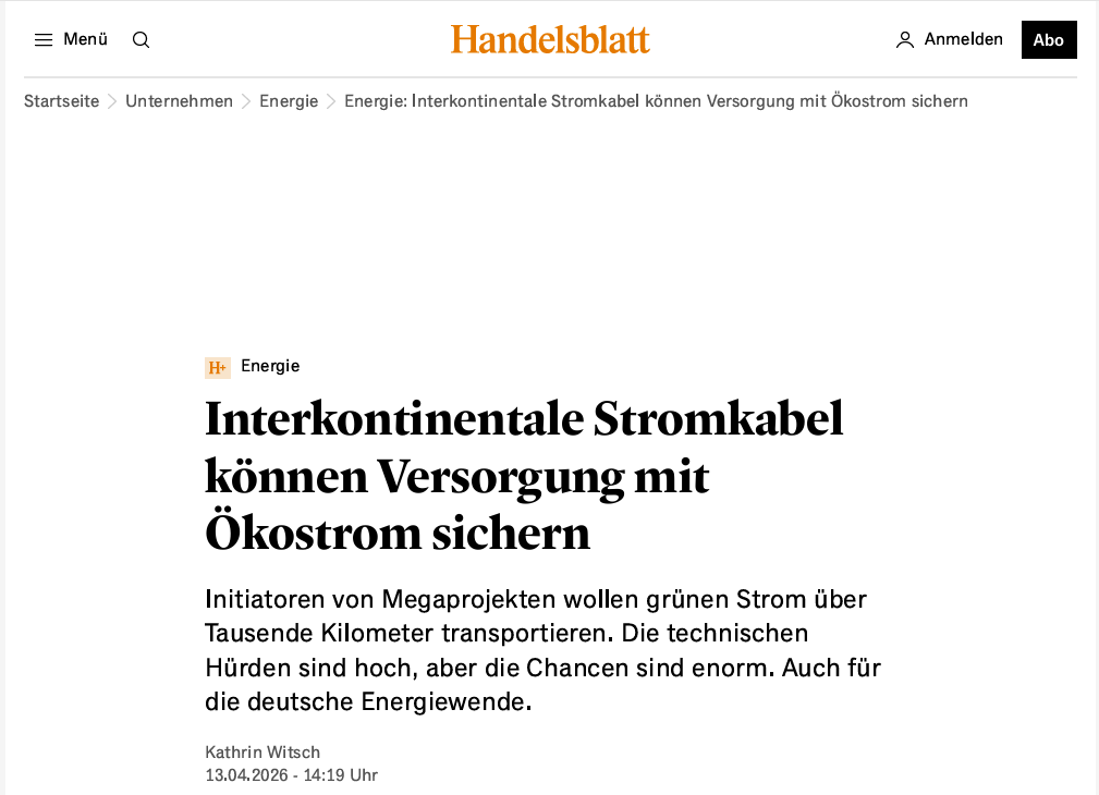 Handelsblatt | Intercontinental power cables can secure the supply of green electricity